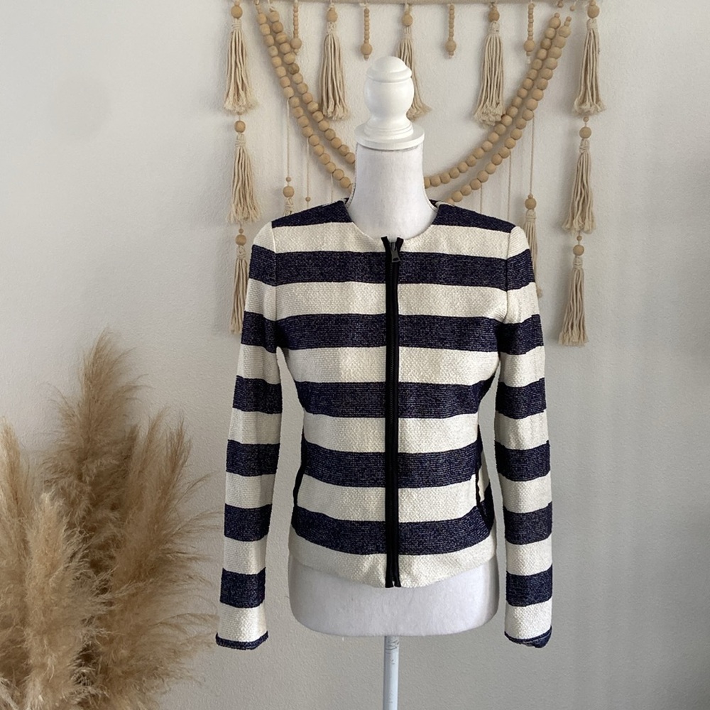 Gap navy blue cream striped slub knit jacket americana nautical fall layer 4 - Picture 2 of 16